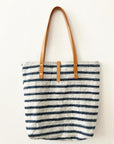 Textile tote - blue-beige cotton with leather straps