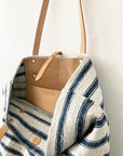 Textile tote - blue-beige cotton with leather straps