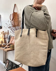 Textile tote - beige hemp with leather straps