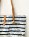 Textile tote - blue-beige cotton with leather straps