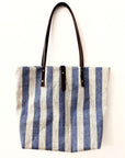 Textile tote - blue-beige linen with leather straps