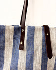 Textile tote - blue-beige linen with leather straps