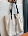 Textile tote - beige hemp with three stripes and leather straps