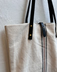 Textile tote - beige hemp with three stripes and leather straps