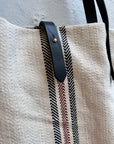 Textile tote - beige hemp with three stripes and leather straps