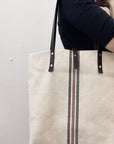 Textile tote - beige hemp with three stripes and leather straps