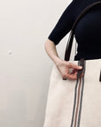 Textile tote - beige hemp with three stripes and leather straps