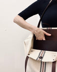 Textile tote - beige hemp with three stripes and leather straps